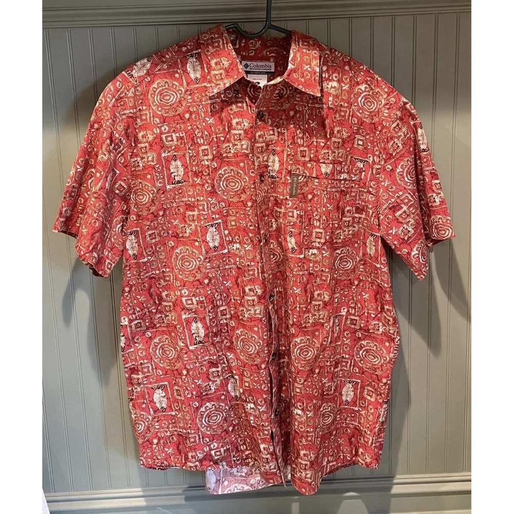 Columbia Hawaiian Shirt Mens Size Large Tribal Print Fish Red‎ Orange Brown